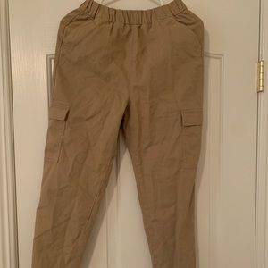 khaki joggers, loose fit, scrunched at bottom